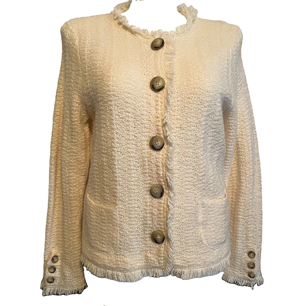 Talbots Boucle Alpaca Wool Sweater Jacket Sz XL Cream Button Up Fringe Cozy Chic